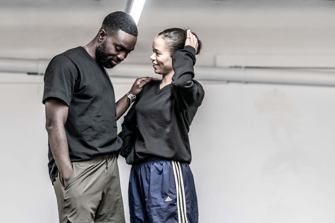 paapa essiedu tristan and taylor russell connie in rehearsal for the effect at national theatre