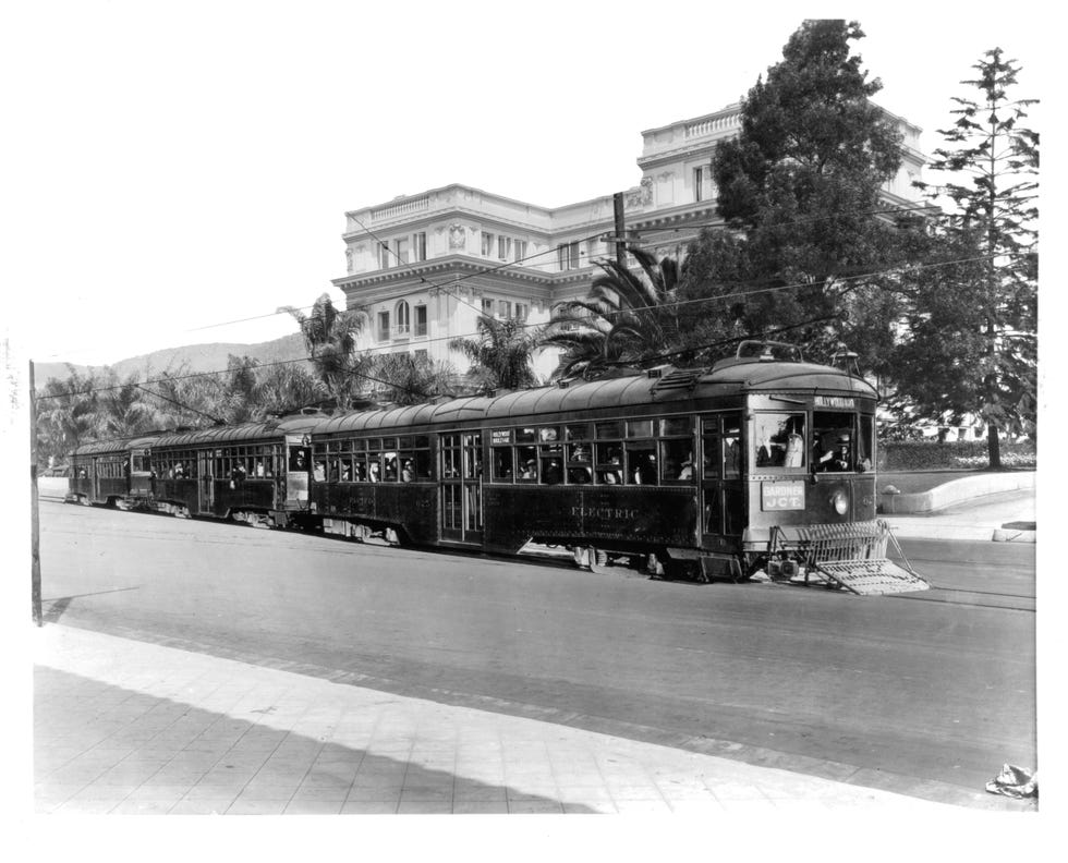Pacific Electric Rail Car on Hollywood Boulevard just west of Highland Avenue in Los Angeles, California