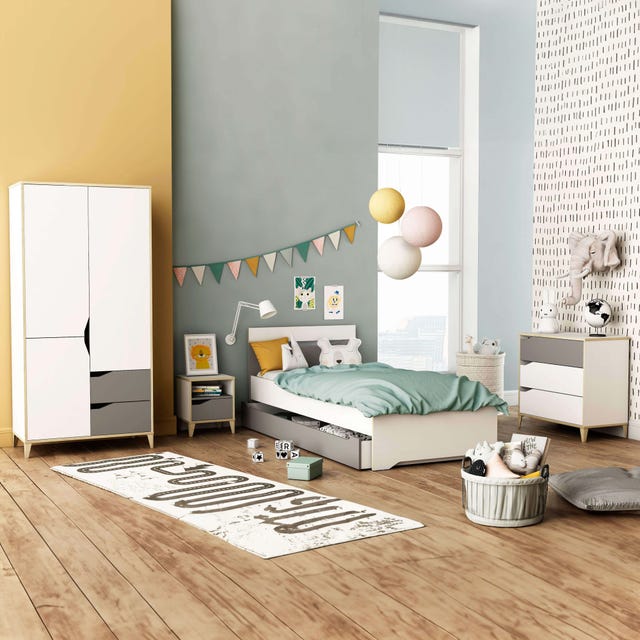 pack habitación infantil juvenil genius blanco y gris (cama con cajones + mesita de noche + cómoda + armario)