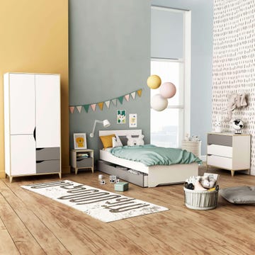 pack habitación infantil juvenil genius blanco y gris (cama con cajones + mesita de noche + cómoda + armario)