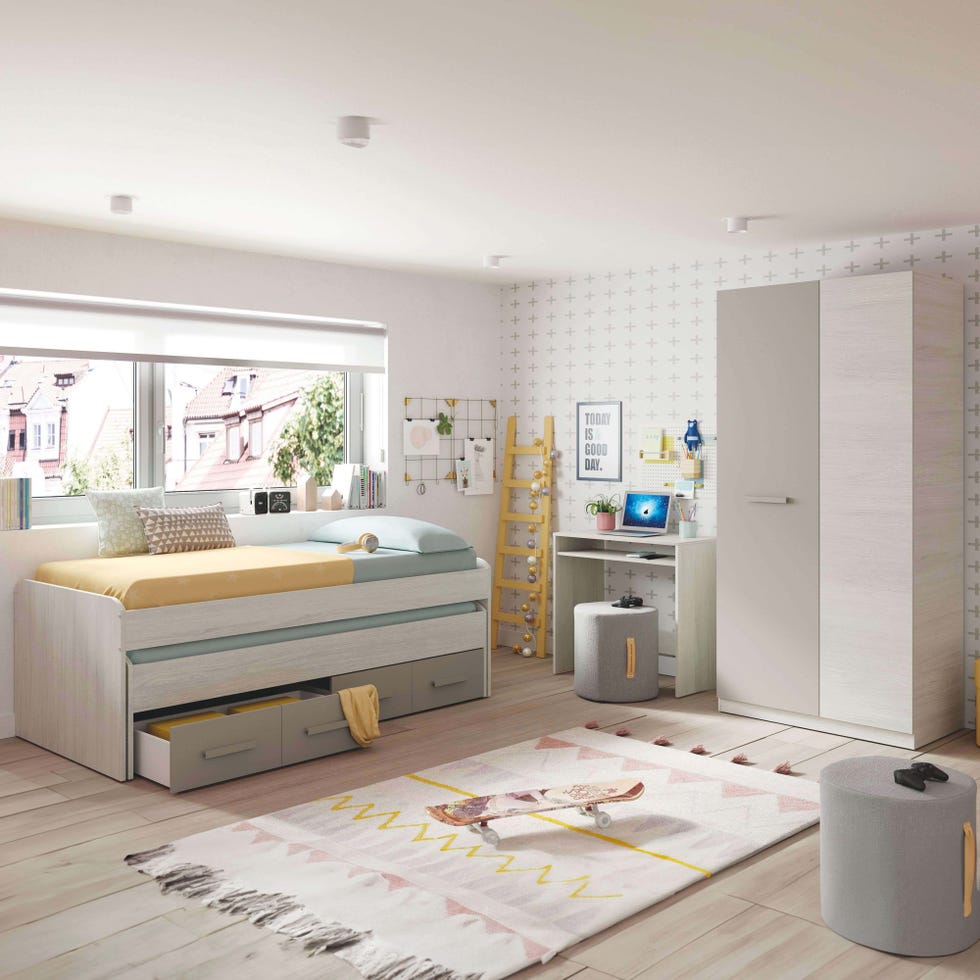 pack habitación juvenil infantil completo color blanco alpes y basalto (cama nido + armario + escritorio) con somieres