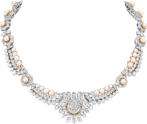 hélios transformable long necklace white gold, yellow gold, one oval cut yellow sapphire of 5038 carats sri lanka, one pear shaped evvs2 diamond of 150 carats, rubies, yellow and mauve sapphires, white cultured pearls, diamonds