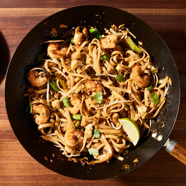 pad thai with shrimp rice noodles tamarind fish sauce palm sugar lime juice peanuts cilantro scallions