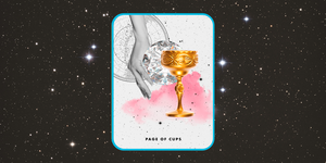the tarot card the page of cups, showing a hand reaching down towards a golden goblet