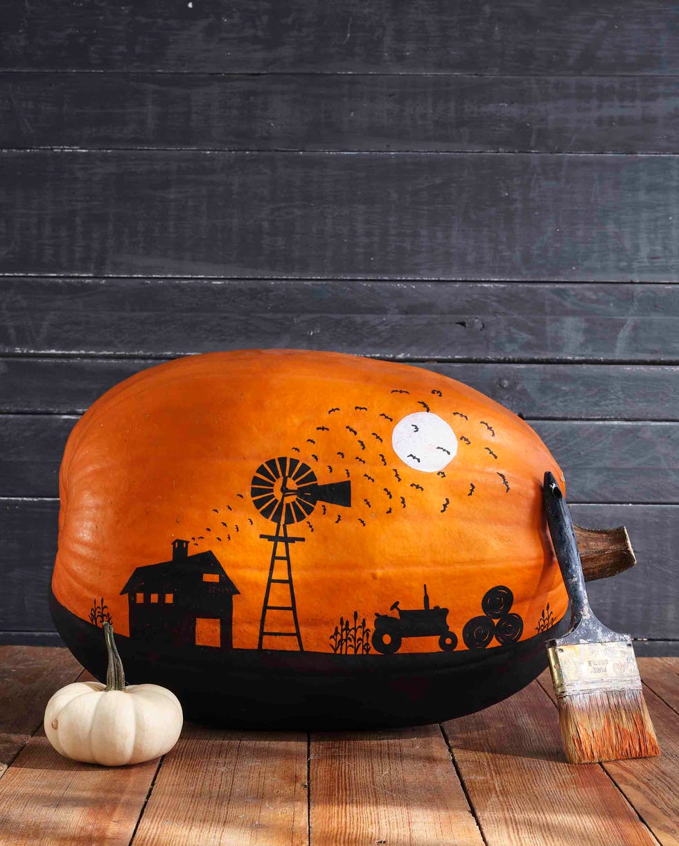 Painted Farm-Scene Pumpkin painted farm scene pumpkin
