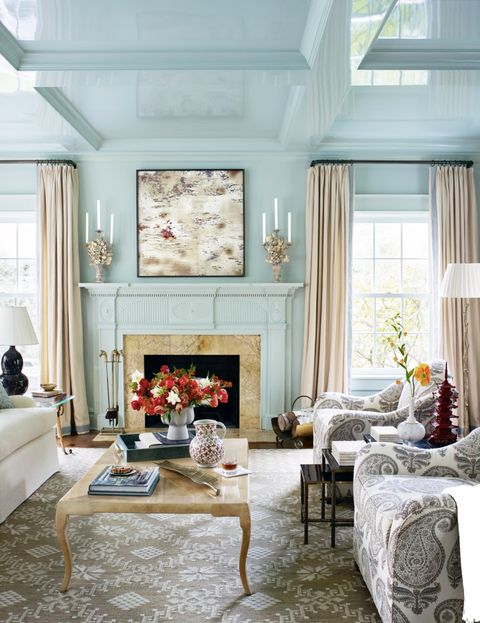 living room with painted fireplace