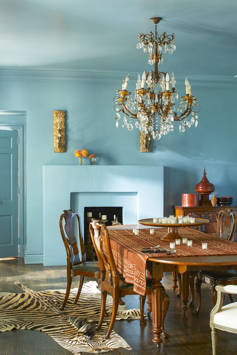 dining room by lydia pursell spectra blue paint turquoise blue green walls, antiques
