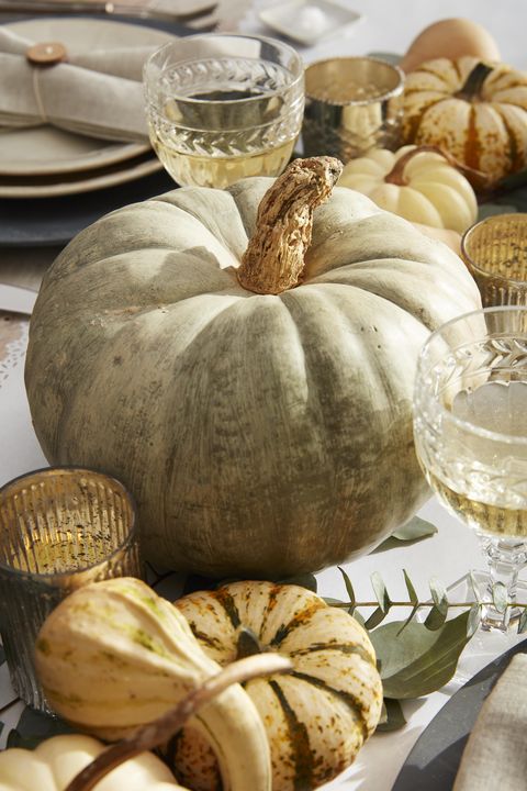 whitewashed green pumpkins on a thanksgiving table
