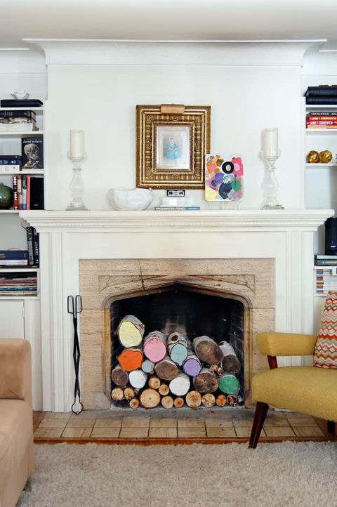 painted logs fireplace decor