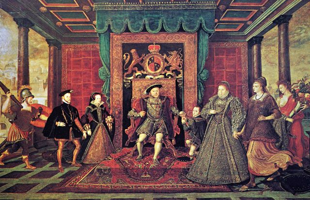 an allegory of tudor succession showing mary i of england and her husband king philip ii of spain, next to him is the god mars, king henry viii, and queen elizabeth i
