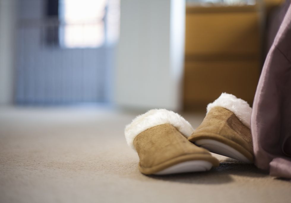 Pair of bedroom slippers on carpeted floor