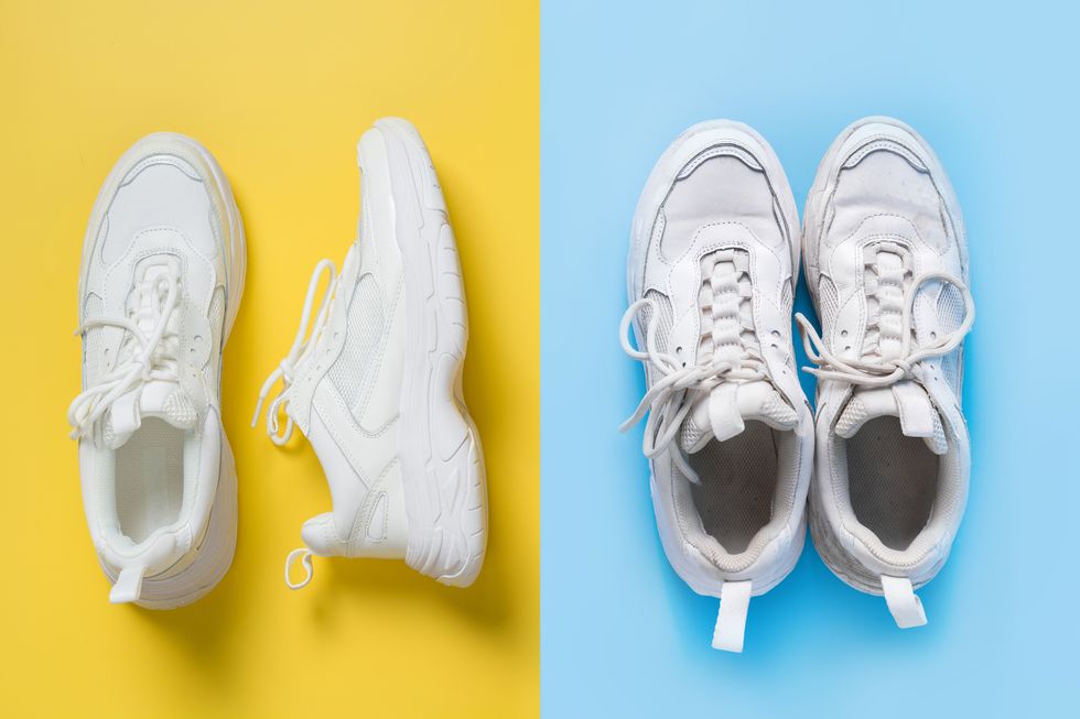 pair of white female sneakers on yellow and old shoes on blue flat lay, top view minimal background