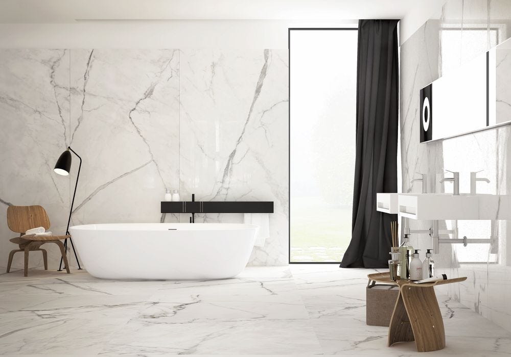 Bathroom with porcelain marble-effect floors and walls and plywood stools