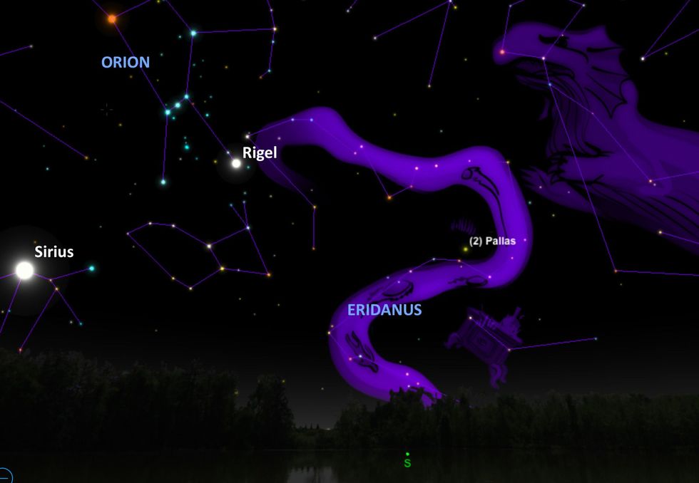 Speur op 29 oktober in de buurt van het sterrenbeeld Eridanus naar de asterode Pallas