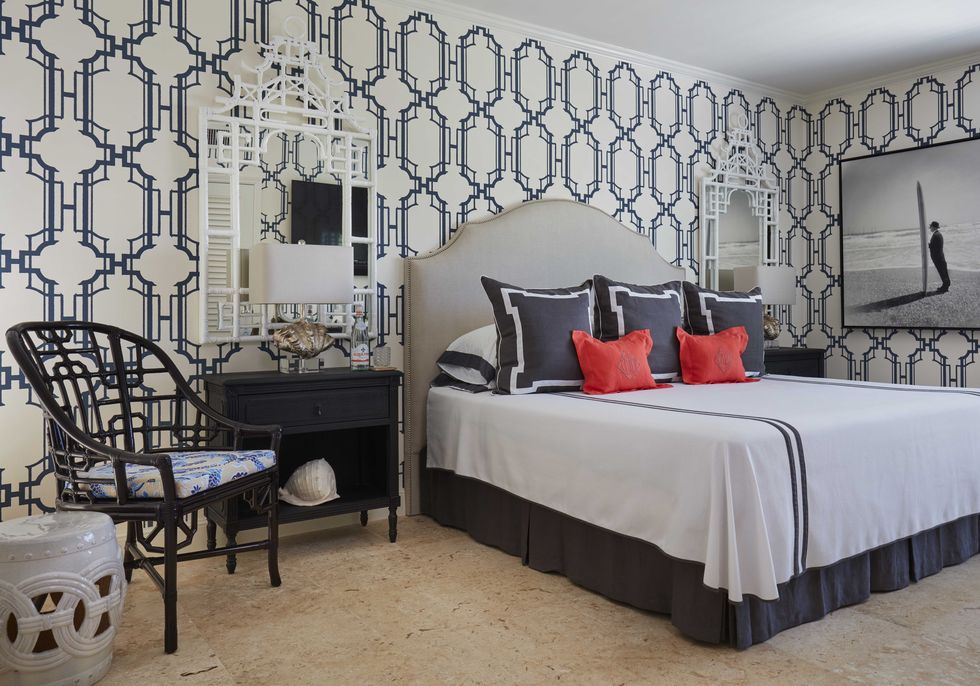 bedroom, fernando wong, hispanic heritage month, geometric wallpaper print, white and dark blue bed linen