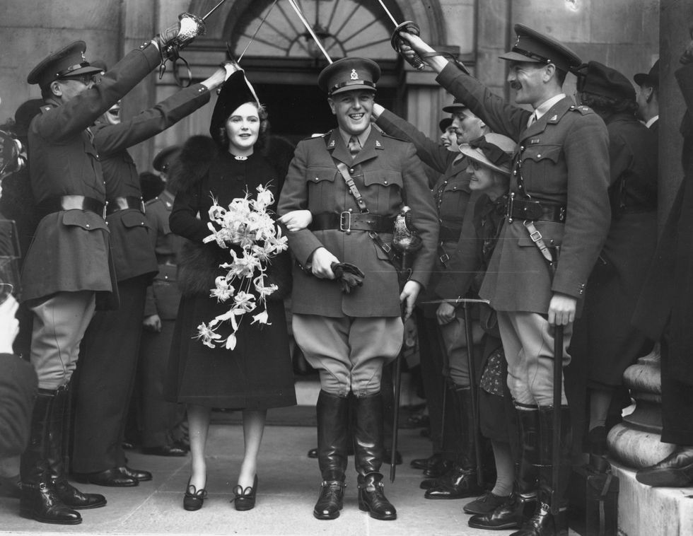 4th october 1939  randolph churchill and pamela digby after their wedding ceremony at st johns church, westminster, london  photo by central pressgetty images