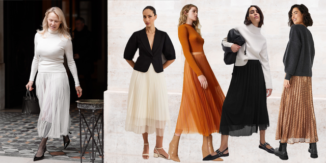fashion display featuring various outfit styles with pleated skirts