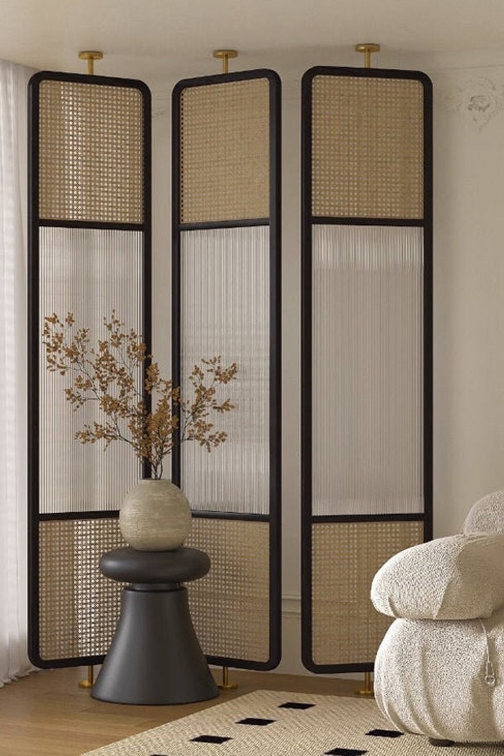 pamper haus design shop, mid century modern fluted glass cane privacy screen