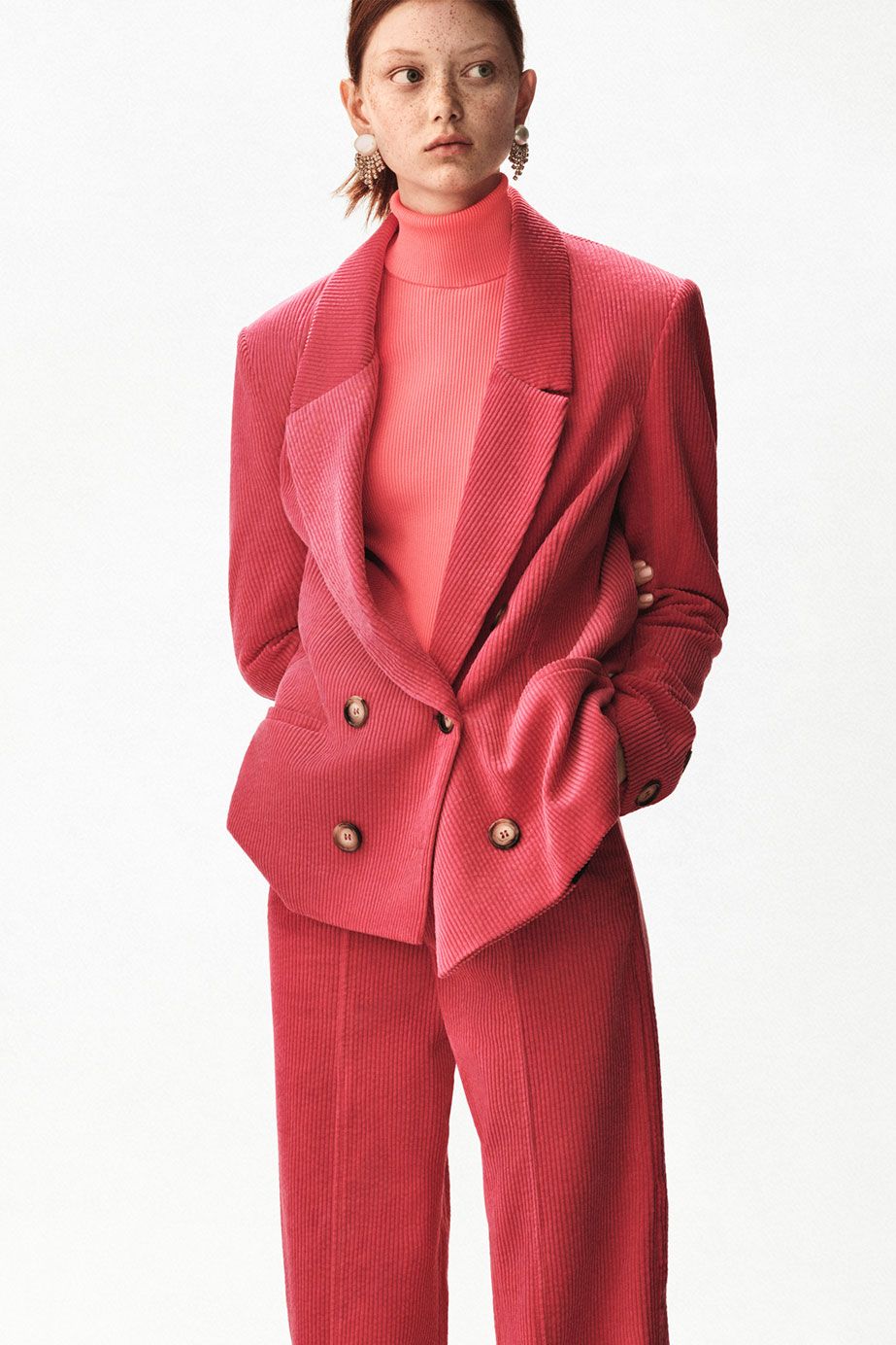 Clothing, Suit, Formal wear, Red, Outerwear, Pantsuit, Pink, Button, Blazer, Tuxedo, 