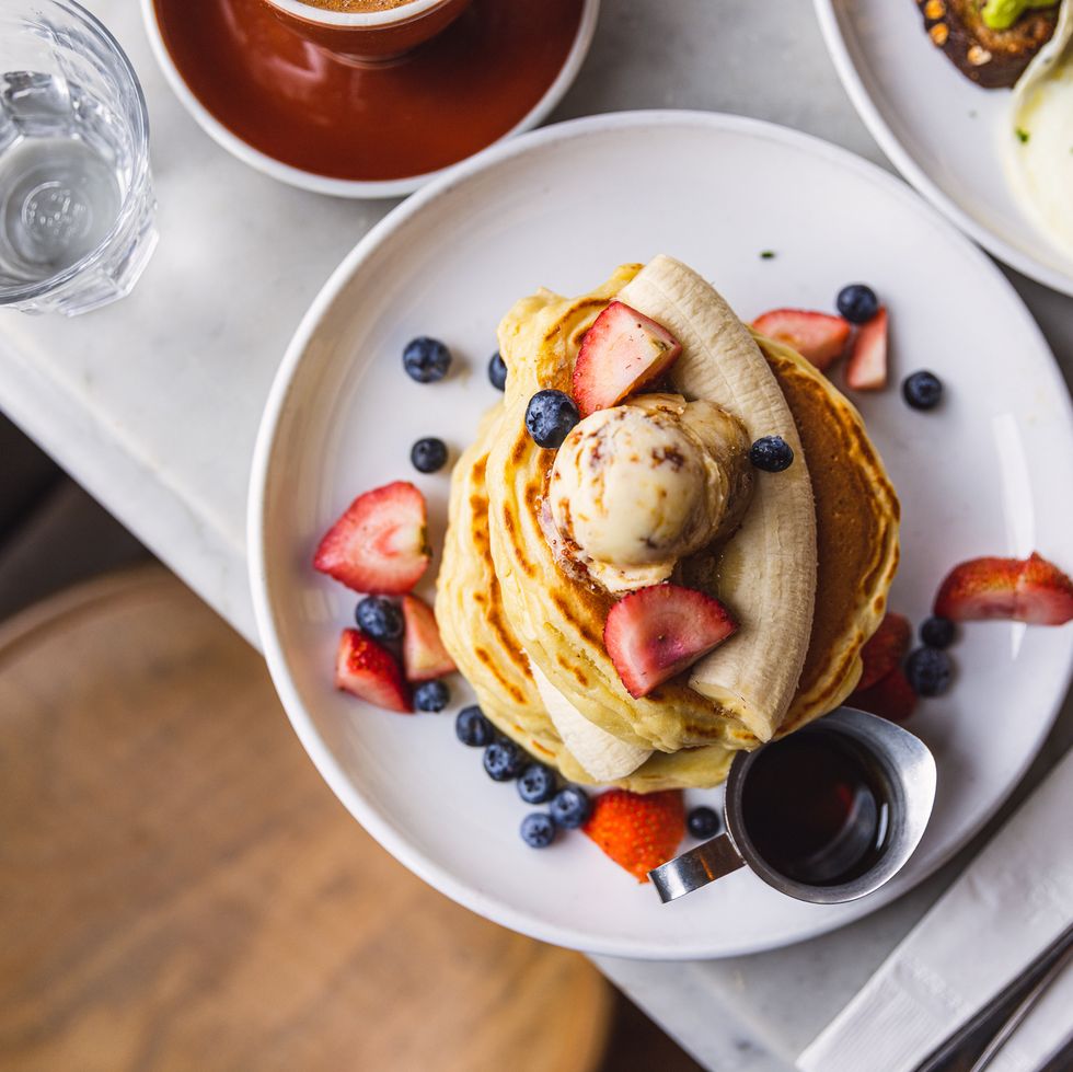 pancakes with banana, strawberry and blueberry