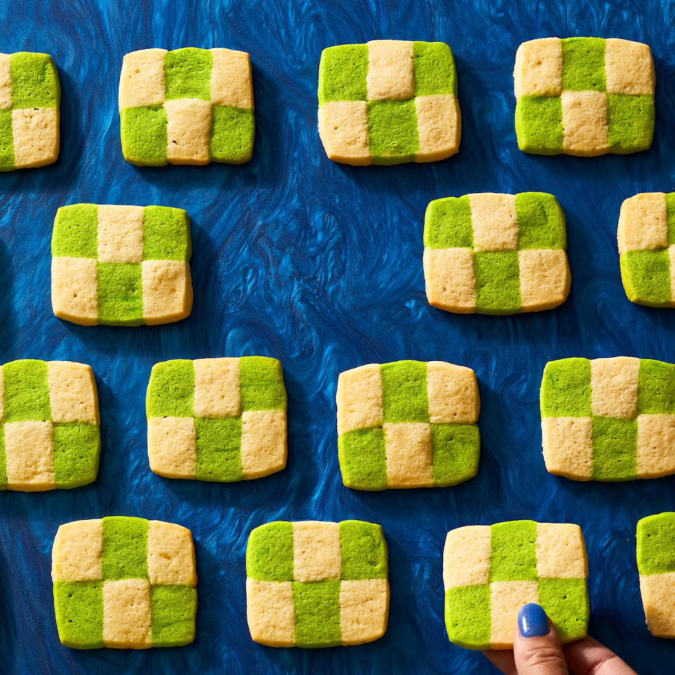 pandan checkerboard cookies on blue surface