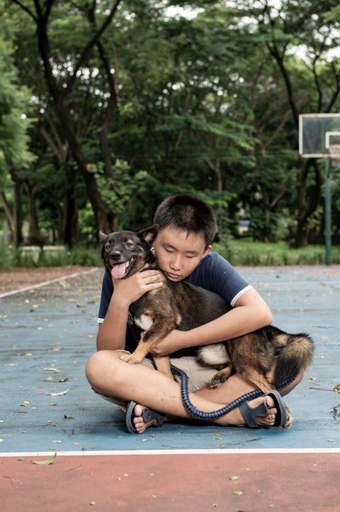In Tangerang Indonesi speelt Hugo Gan 15 een neef van fotograaf Joshua Irwandi met zijn vierjarige Duitse herder Zeus 7 februari Hugo redde Zeus als puppy van de straat en de twee zijn nu onafscheidelijk Sinds het begin van de pandemie volgt Gan zijn lessen online Omdat mijn ouders naar hun werk zijn is hij het enige gezelschap dat ik heb vertelde hij Irwandi