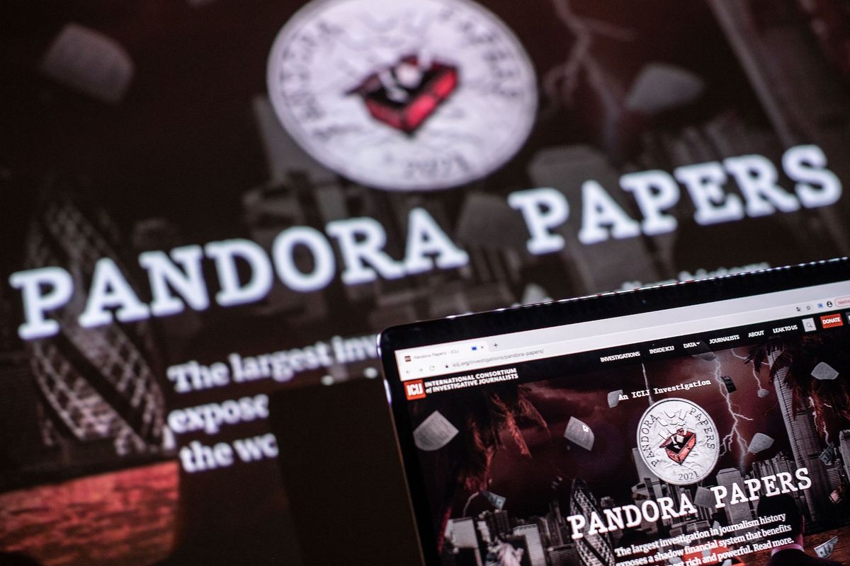 this photograph illustration shows the logo of pandora papers, in lavau sur loire, western france, on october 4, 2021   russia on october 4 dismissed revelations leaked in the pandora papers as "unsubstantiated claims" after an investigation by a media consortium shone a light on wealth amassed by kremlin linked individuals the "pandora papers" investigation involving some 600 journalists from media including the washington post, the bbc and the guardian is based on a leak of some 119 million documents from 14 financial services companies around the world photo by loic venance  afp photo by loic venanceafp via getty images
