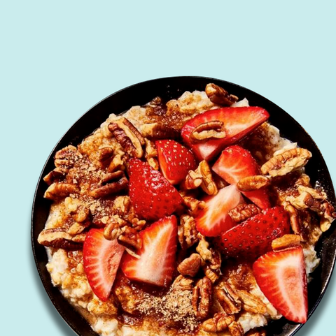 panera steel cut oatmeal with strawberries on a blue background