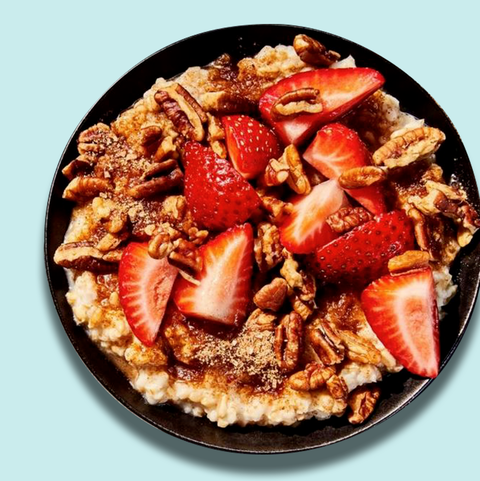 panera steel cut oatmeal with strawberries on a blue background