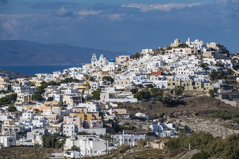 panorama of pyrgos, santorini, greece