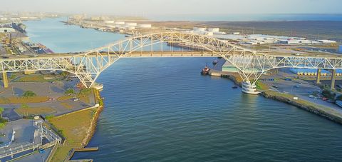 Panoramic aerial view Corpus Christi Harbor Bridge in the Port of Corpus Christi, Texas
