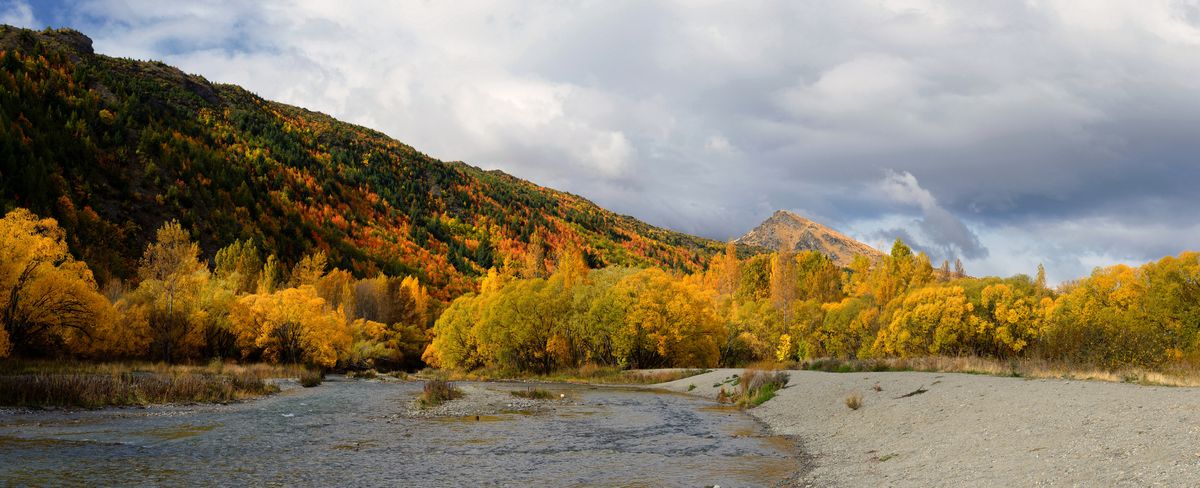 panoramic view autumn season of arrow river and mountain, arrowtown, south island, new zealand