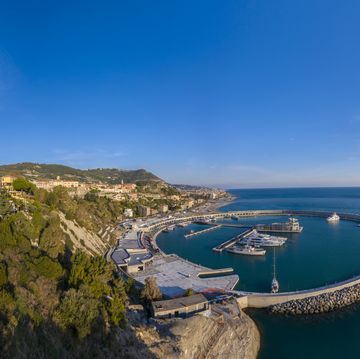 a panoramic view of the fortress of the annunziata or ridotta dell'annunziata, and the new port, ventimiglia, imperia, italy