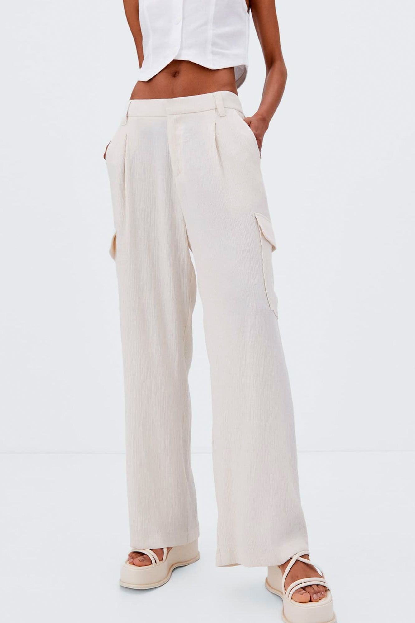 Pantalones cargo de cintura baja para mujer Blanco. BONVERANO