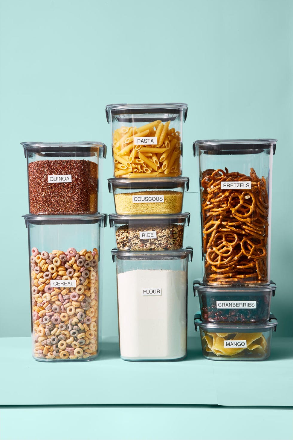 organized food storage containers labeled with various ingredients