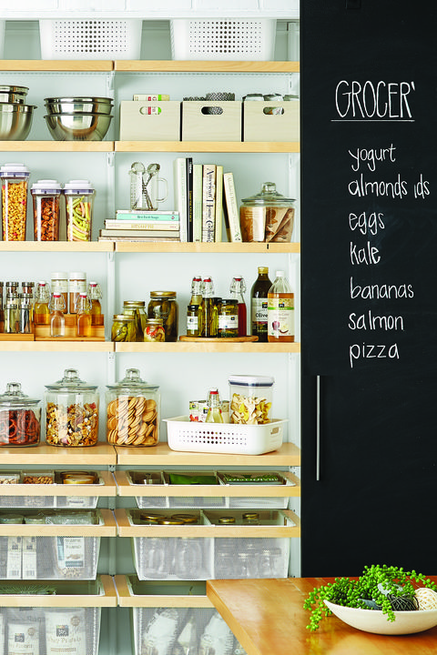 pantry organization ideas, chalkboard door with grocery list written open to reveal jars of food