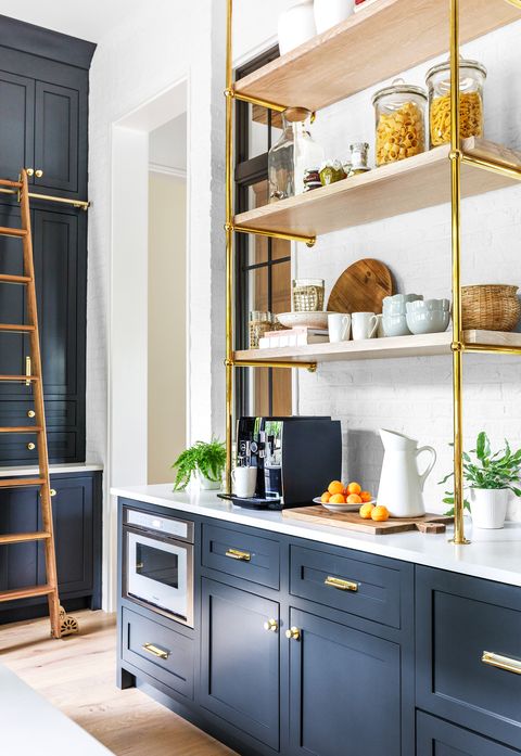 pantry with blue cabinets