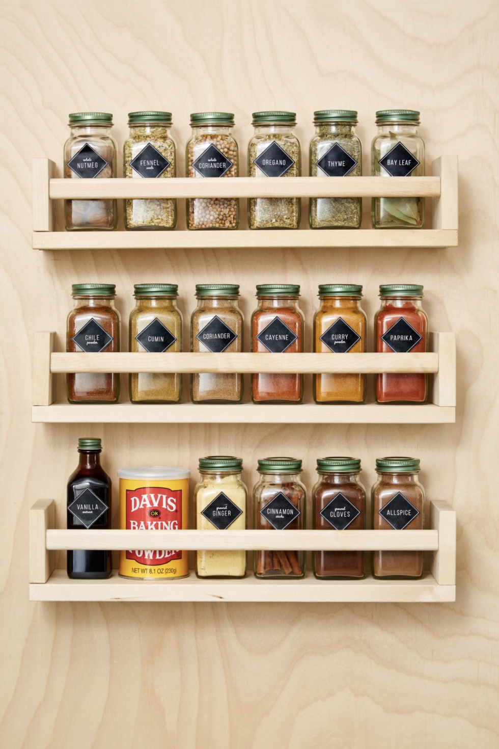 pantry organization ideas, three spice racks with labeled spices