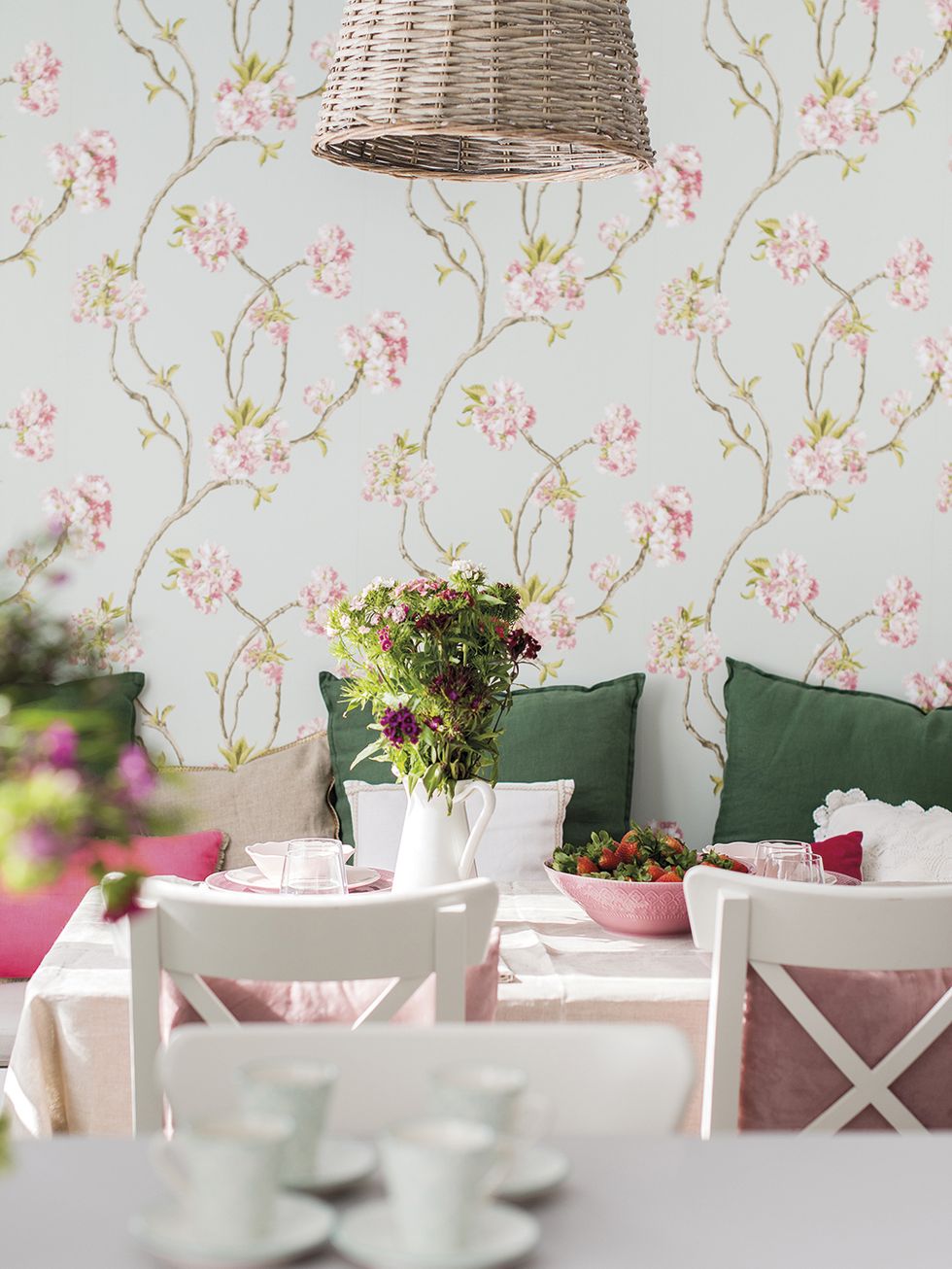 Pink, Room, Table, Wallpaper, Interior design, Plant, Branch, Furniture, Flower, Textile, 