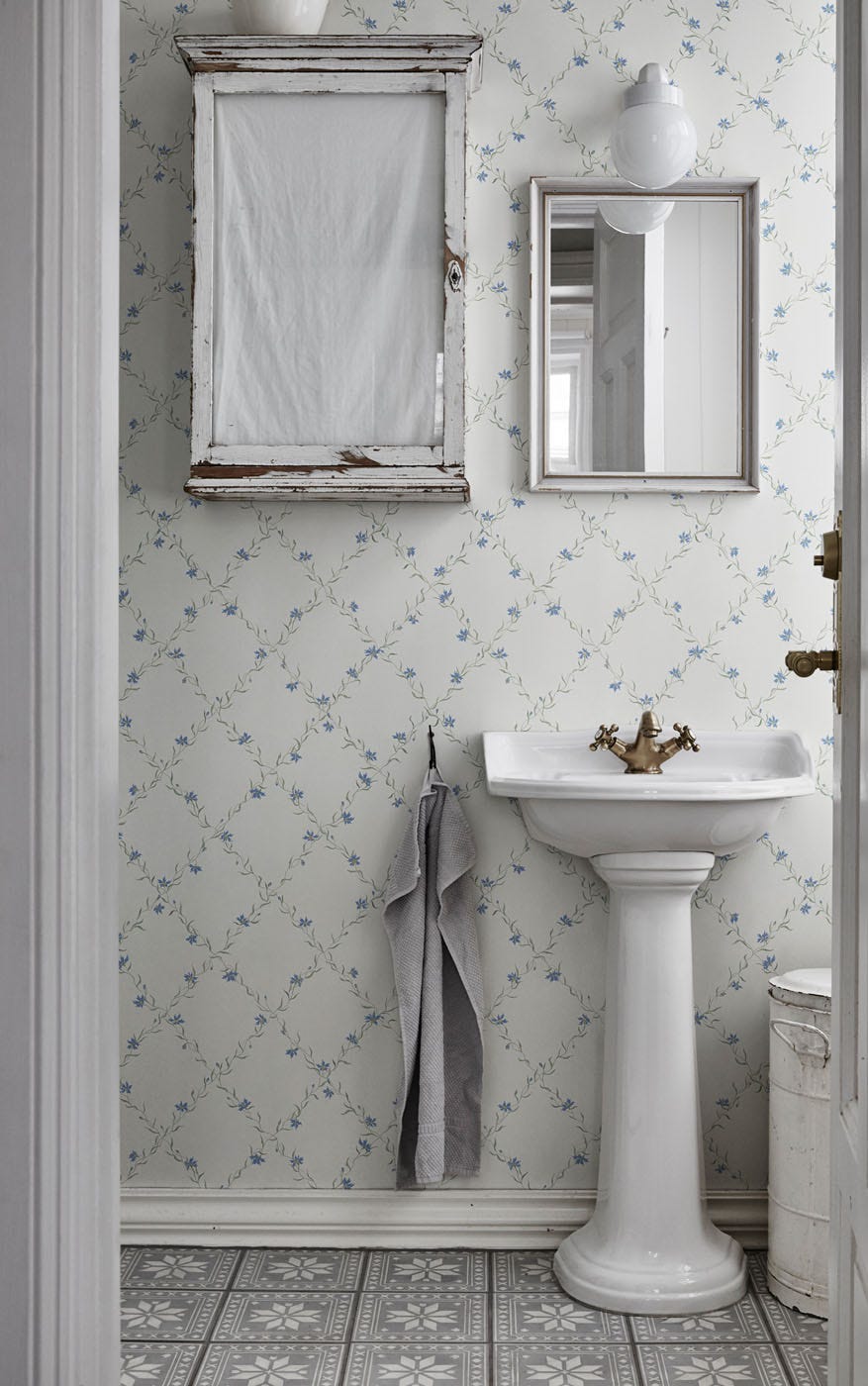 papel pintado geométrico floral para el baño