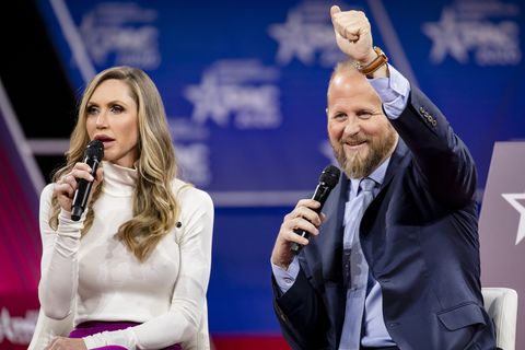 national harbor, md   february 28 brad parscale r, campaign manager for trump's 2020 reelection campaign, speaks on stage with laura trump l, president donald trumps daughter in law and member of his 2020 reelection campaign, during the conservative political action conference 2020 cpac hosted by the american conservative union on february 28, 2020 in national harbor, md photo by samuel corumgetty images  local caption  brad parscale laura trump