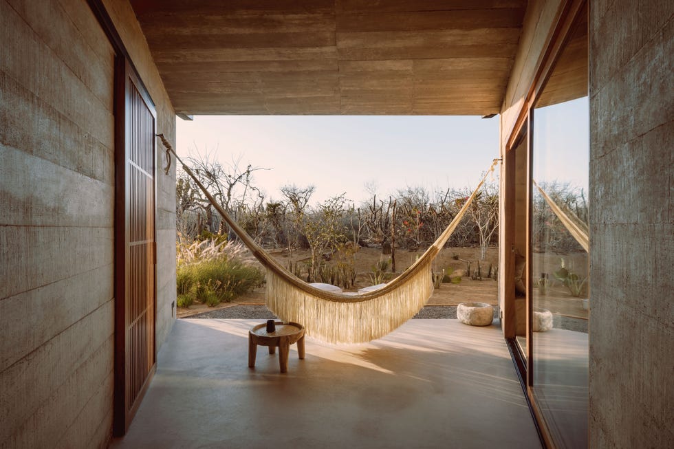 Hammock and seating area in a modern home overlooking a natural landscape