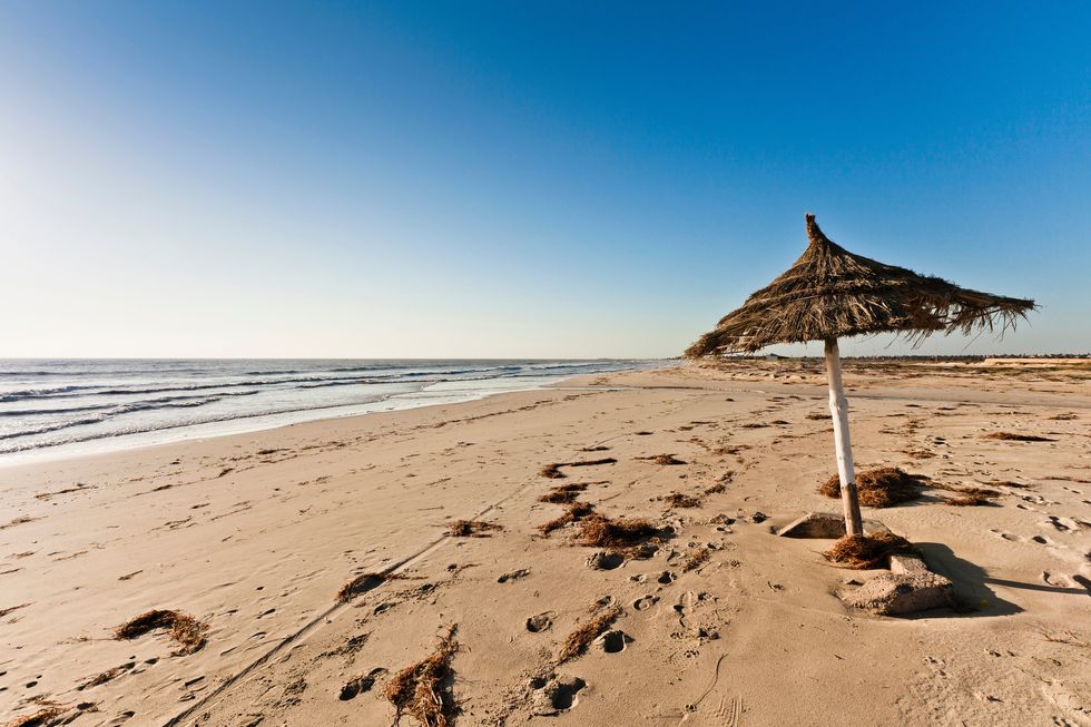 sombrilla en una playa de la isla de djerba, túnez