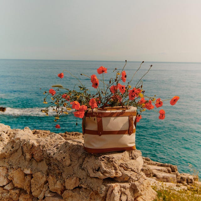 a bucket of flowers on a rock by the ocean