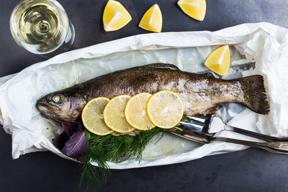 parchment baked rainbow trout, top view