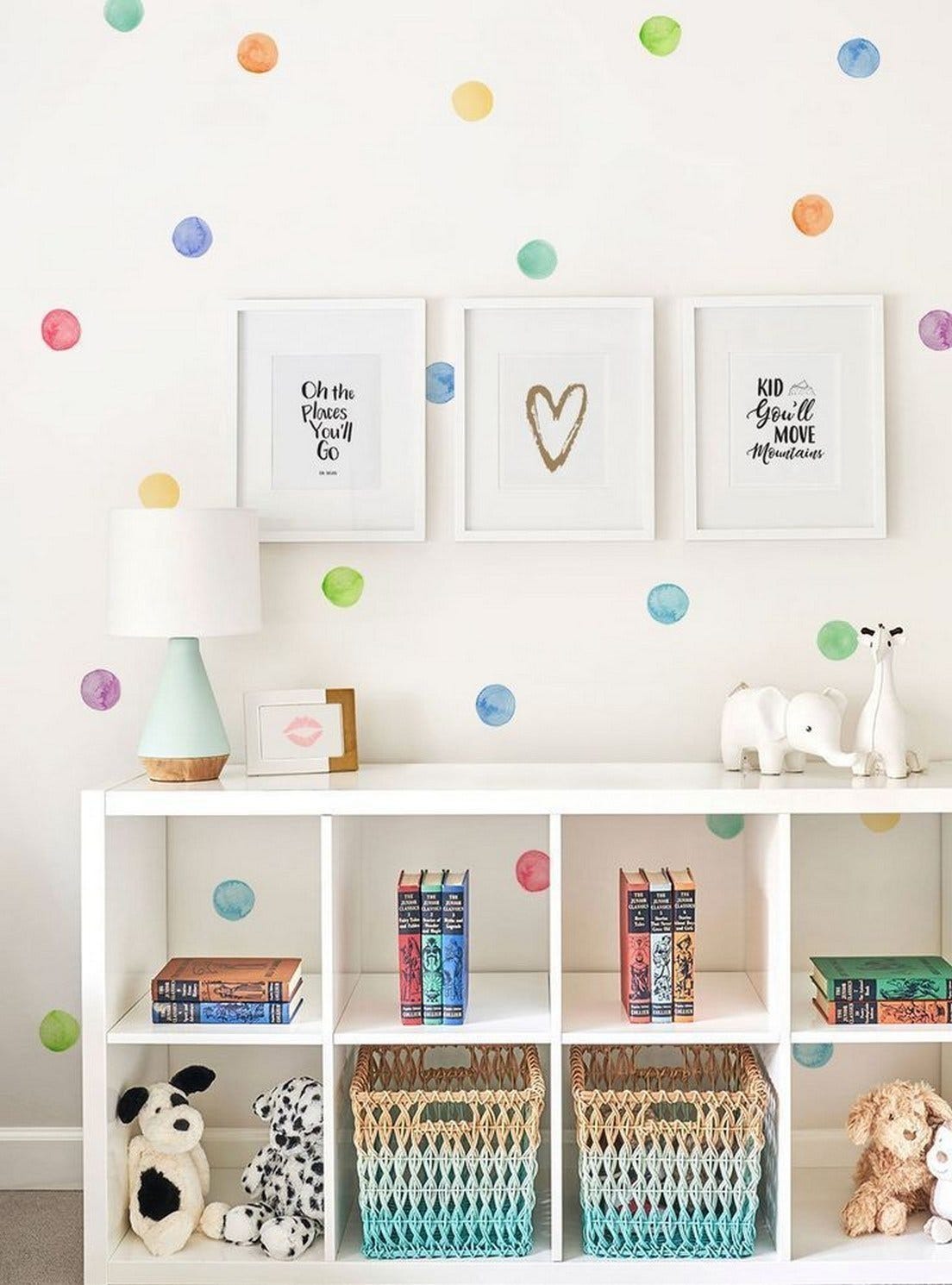 Pared infantil decorada con puntos de color