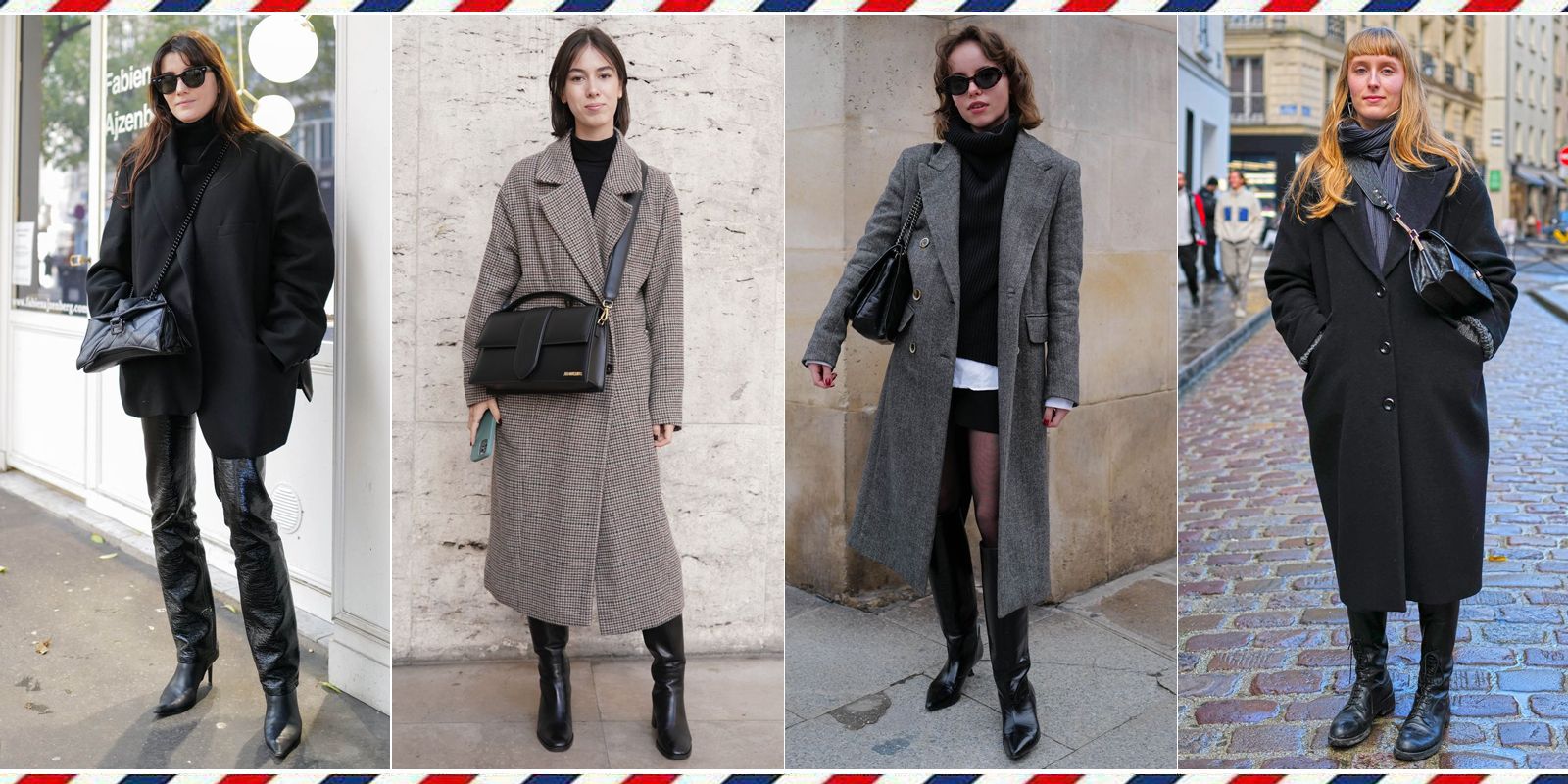 a collage of a person in a trench coat and sunglasses