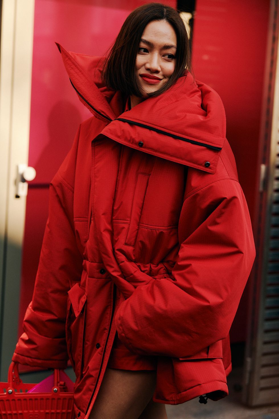 Womens long red puffer on sale coat