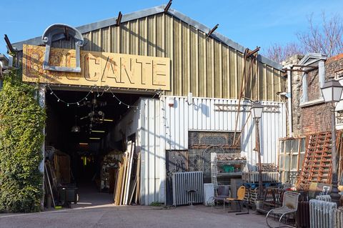 warehouse-style flea market with brocante sign