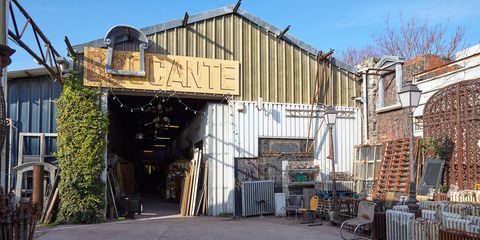 warehouse-style flea market with brocante sign